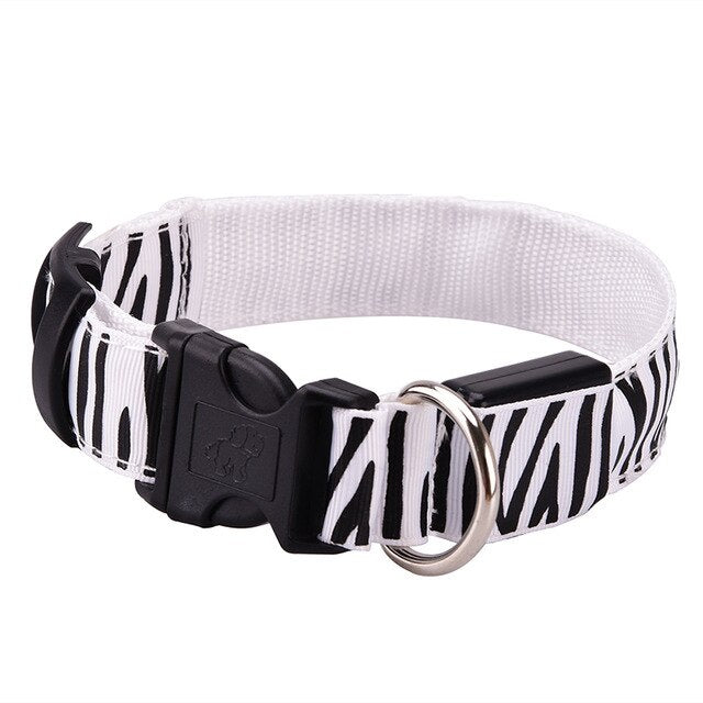 105pcs/lot LED Dog Collar Nylon Night Safety Flashing Glow Pet Dog Collar with Zebra Pattern Luminous Light Collar