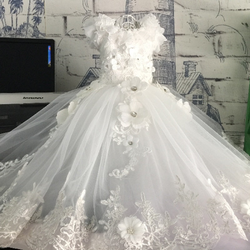 Pet Dog Dress Princess Wedding Trailing Dress For Small Dogs Stereoscopic Flowers Embroidery Puppy Clothes Lace Dress Poodle Pug