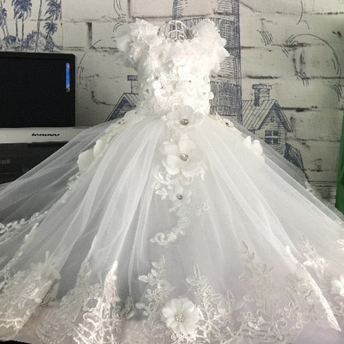 Pet Dog Dress Princess Wedding Trailing Dress For Small Dogs Stereoscopic Flowers Embroidery Puppy Clothes Lace Dress Poodle Pug