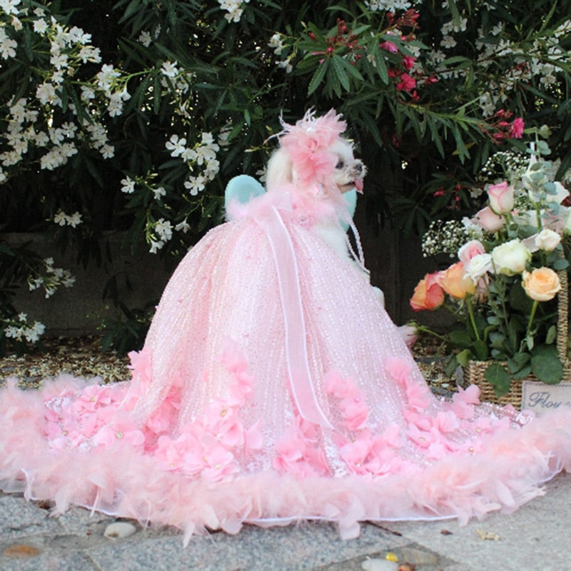 Pet Dog Dress Princess Trailing Wedding Dress For Small Dogs Handmade Feather Embroidery Puppy Clothes Lace Dress Chihuahua Pug