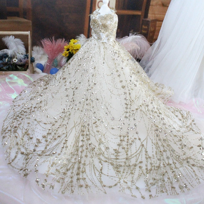 Pet Dog Dress Luxury Princess Wedding Trailing Dress Puppy Clothes  Gold Sequin Embroidery For Small Dogs Lace Dress Poodle Pug