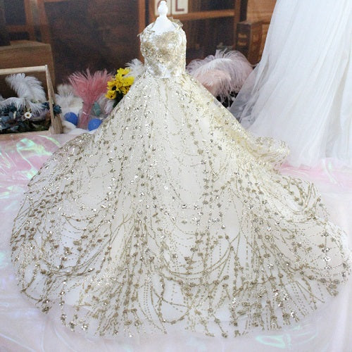 Pet Dog Dress Luxury Princess Wedding Trailing Dress Puppy Clothes  Gold Sequin Embroidery For Small Dogs Lace Dress Poodle Pug