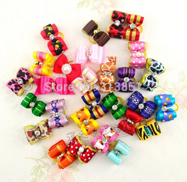 300PCS Mixture Styles Dog Accessories Pet Headdress Ribbon Dog Hair Bows Pet Hair Bands Pet Show Grooming Handmade Pear Crystal