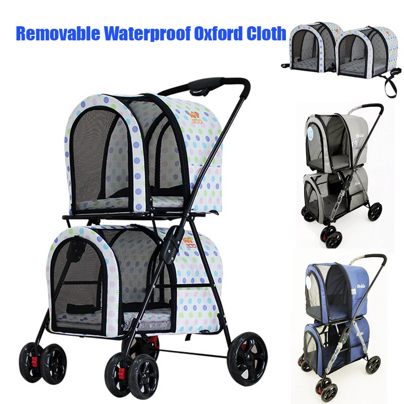 Lightweight folding double pet stroller Removable big dog big space trolley 4wheel travel cage Waterproof oxford cloth