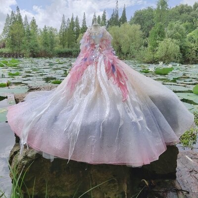 Pet Dog Dress High-End Handmade Trailing Princess Wedding Tutu Dress Puppy Clothes Gorgeous Wing Adorn Pearl Chihuahua Poodle