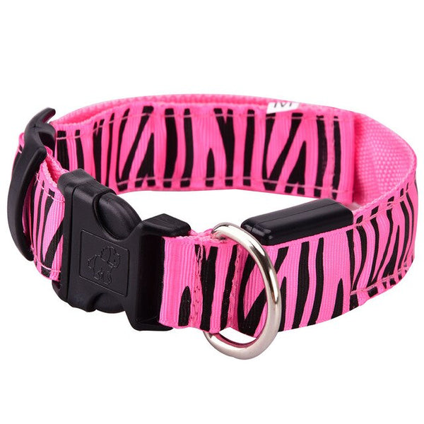 105pcs/lot LED Dog Collar Nylon Night Safety Flashing Glow Pet Dog Collar with Zebra Pattern Luminous Light Collar