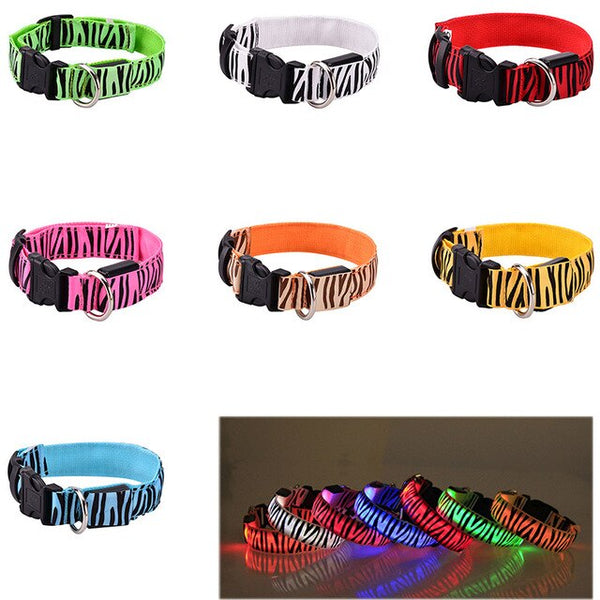 105pcs/lot LED Dog Collar Nylon Night Safety Flashing Glow Pet Dog Collar with Zebra Pattern Luminous Light Collar