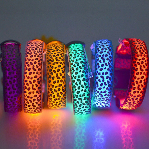 160pcs/lot LED Dog Collar Flashing In Dark 3 Mode Lighting Safety Adjustable Nylon Leopard Pet Collar Luminous Pet Accessories