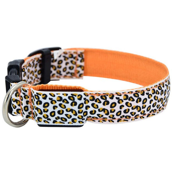 160pcs/lot LED Dog Collar Flashing In Dark 3 Mode Lighting Safety Adjustable Nylon Leopard Pet Collar Luminous Pet Accessories