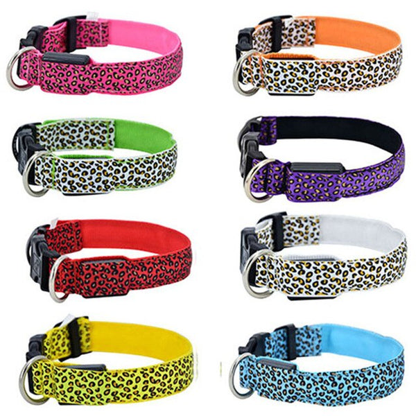 160pcs/lot LED Dog Collar Flashing In Dark 3 Mode Lighting Safety Adjustable Nylon Leopard Pet Collar Luminous Pet Accessories