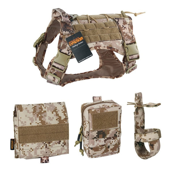 EXCELLENT ELITE SPANKER Tactical Pet Dog Clothes Suit Outdoor Training Molle Dog Vest Harness with 2 pouches and Kettle bag