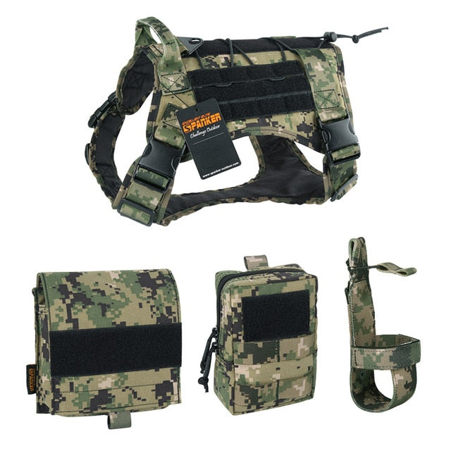 EXCELLENT ELITE SPANKER Tactical Pet Dog Clothes Suit Outdoor Training Molle Dog Vest Harness with 2 pouches and Kettle bag