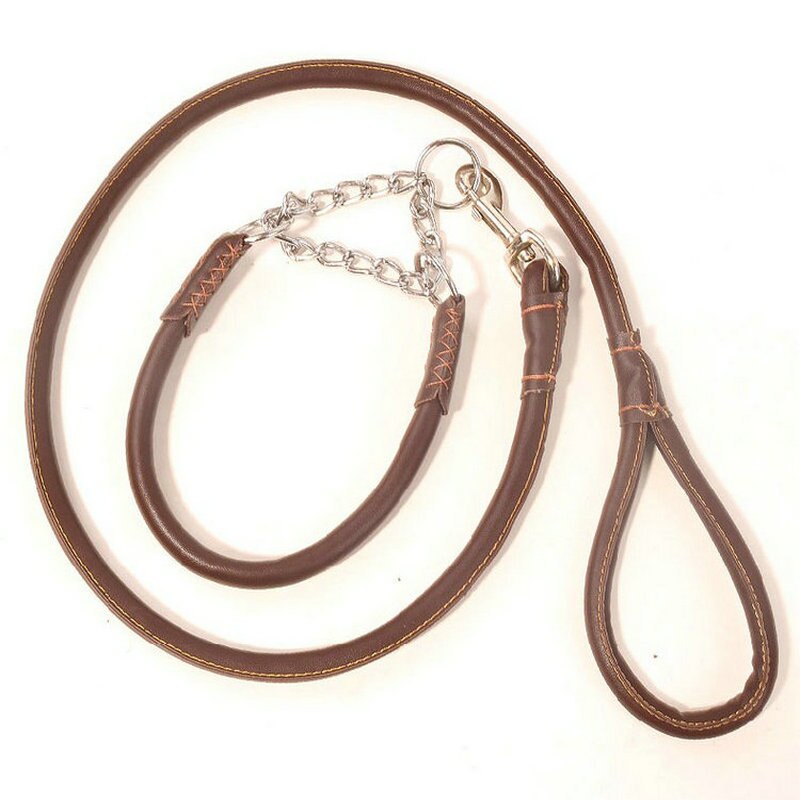 Solid Durable And Pliable PU Cow Leather Dog Leash And Chrome Coated Adjustable Collar With Wax Line Sewing And Edge Binding
