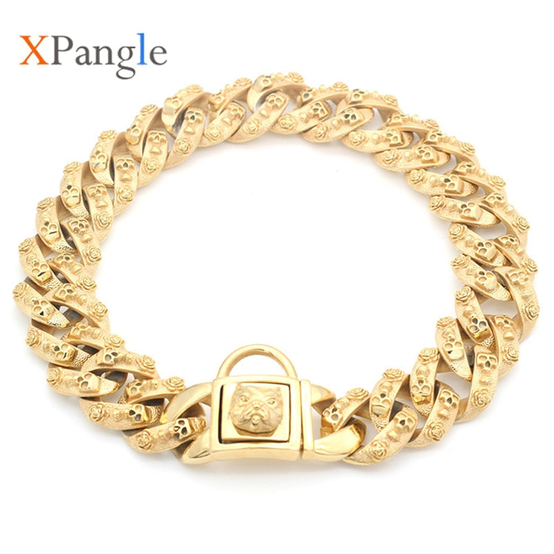 Golden Plated Dog Collar Stainless Steel High-end Custom Personalized Skull Pet Collar Necklace for Small Medium Large Dogs