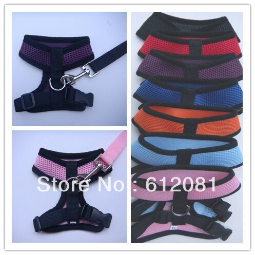 usd 4.5/set Free shipping Soft Air Mesh pet puppy Dog Harness matching leash 7 colors S/M/L/XL available 20pcs/lot