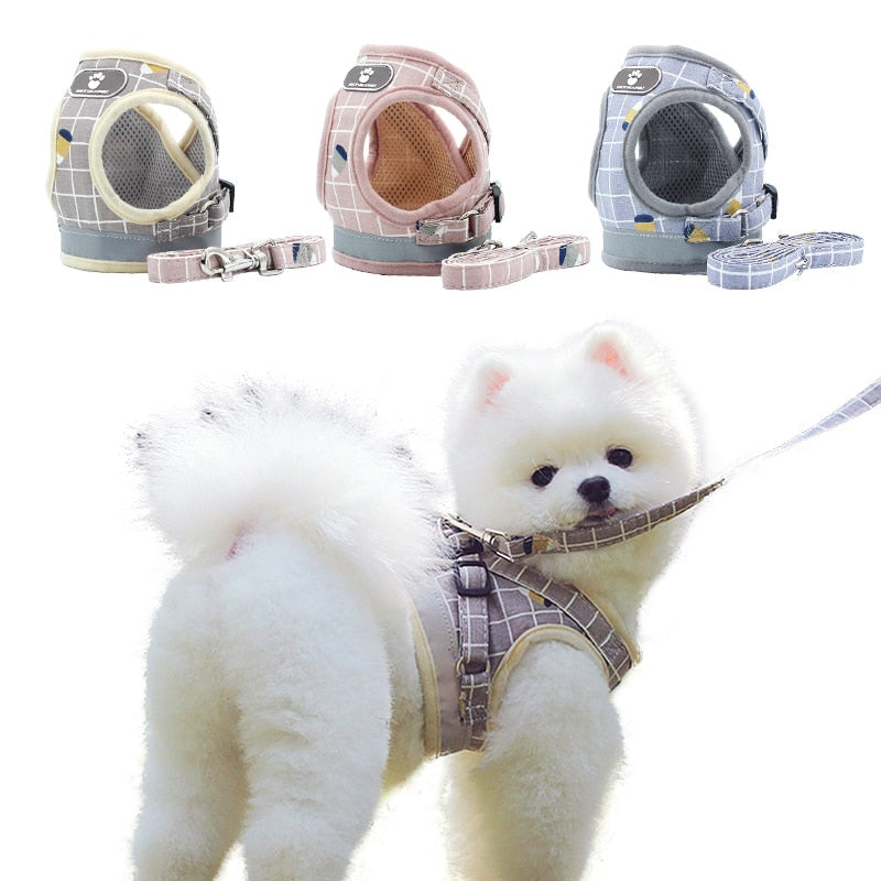 Pet Dog Cat Harness with Leash Adjustable Vest Walking Supplies Soft Breathable Plaid Collar Puppy for Small Medidum Large Dogs